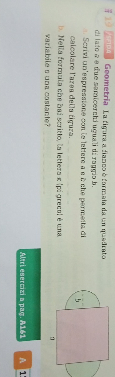 # 19 seda Geometria La figura a fianco è formata da un quadrato 
di lato a e due semicerchi uguali di raggio b. 
Scrivi un’espressione con le lettere a e b che permetta di 
calcolare l’area della figura._ 
b. Nella formula che hai scritto, la lettera π (pi greco) è una 
variabile o una costante?_ 
Altri esercizi a pag. A161 A 1