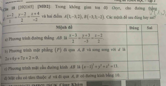 HộC - 1ập 2
cầu 18 [392165] [MĐ2]: Trong không gian toạ độ Oxyz, cho đường thắng
d  (x-2)/1 = (y-2)/2 = (z+4)/-2  và hai điểm A(1;-3;2),B(-3;3;-2). Các mệnh đề sau đúng hay sai?
MP21 (SGK Cùng Khám