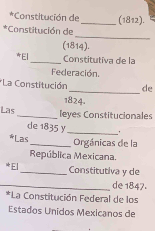 Constitución de _(1812). 
_ 
*Constitución de 
(1814). 
*El_ Constitutiva de la 
Federación. 
*La Constitución 
_de 
1824. 
Las 
_leyes Constitucionales 
de 1835 y_ 
. 
*Las 
_Orgánicas de la 
República Mexicana. 
*El_ Constitutiva y de 
_de 1847. 
*La Constitución Federal de los 
Estados Unidos Mexicanos de