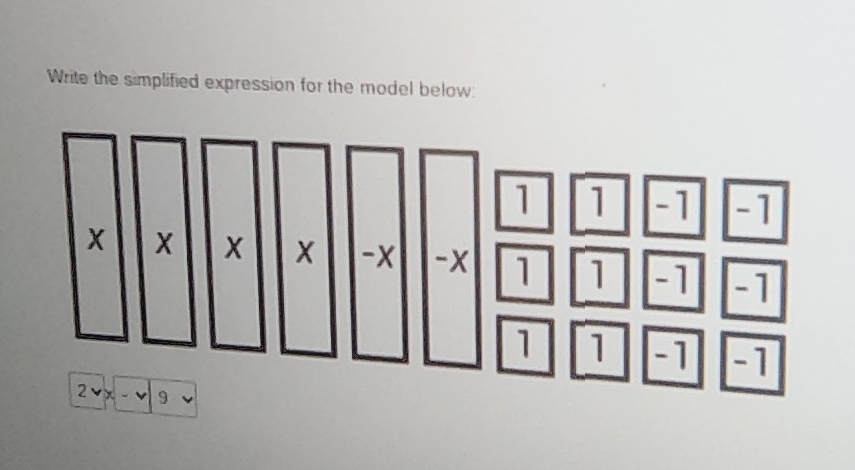 Write the simplified expression for the model below:
1 1 -1
X X X -x -x 1 1 -1 -1
1 1 -1 -1
2vee x-v| 9