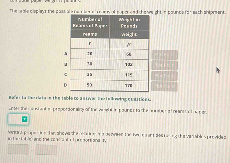 computer paper weigh 17 pounds. 
The table displays the possible number of reams of paper and the weight in pounds for each shipment.
7ln t|?| f(x)
F(:)P()
20Hz
Plot Point 
Refer to the data in the table to answer the following questions. 
Enter the constant of proportionality of the weight in pounds to the number of reams of paper. 
Write a proportion that shows the relationship between the two quantities (using the variables provided 
in the table) and the constant of proportionality.
□ =□