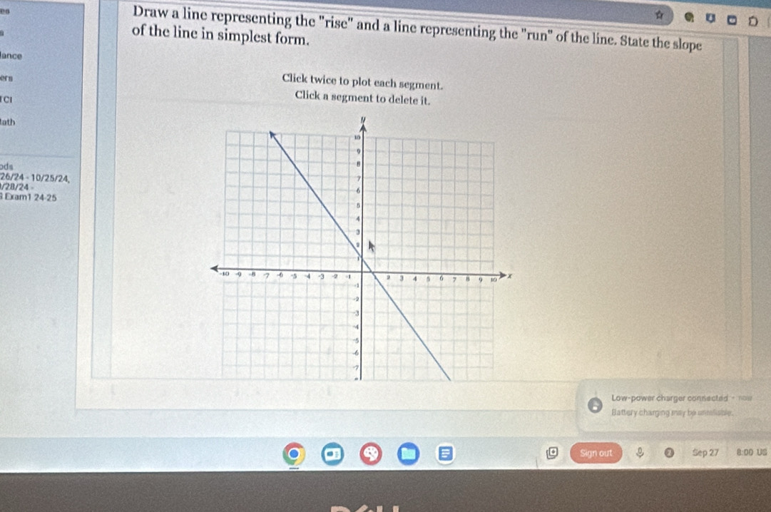 e0 
Draw a line representing the "rise" and a line representing the "run" of the line. State the slope 
of the line in simplest form. 
lance 
ers 
Click twice to plot each segment. 
CI 
Click a segment to delete it. 
tath 
ods
26/24 - 10/25/24,
/28/24
Đxam1 24· 25
Low-power charger connected - now 
Battery charging may be unmlisble. 
Sign out Sep 27 8:00 US