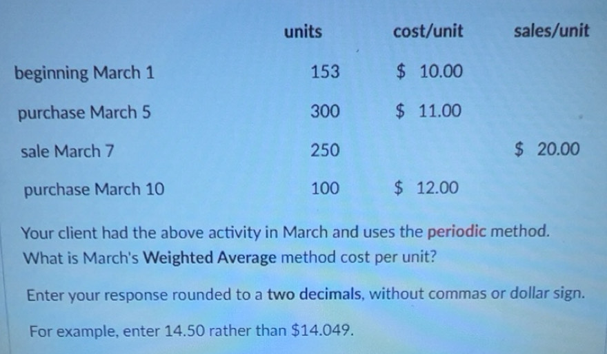 Solved: units cost/unit sales/unit beginning March 1 153 $ 10.00 ...