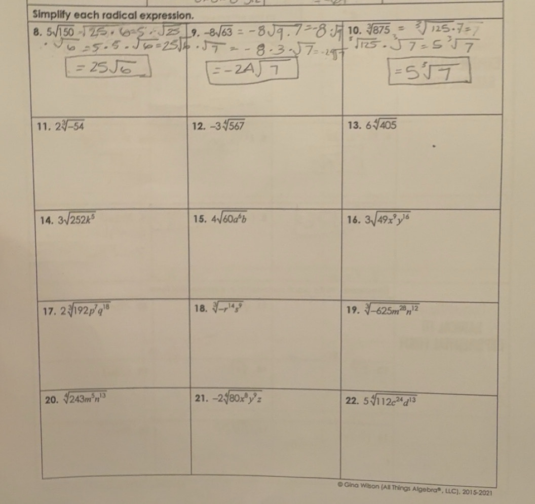 Solved: Simplify each radical expression. @ Gina Wilson (All Things ...
