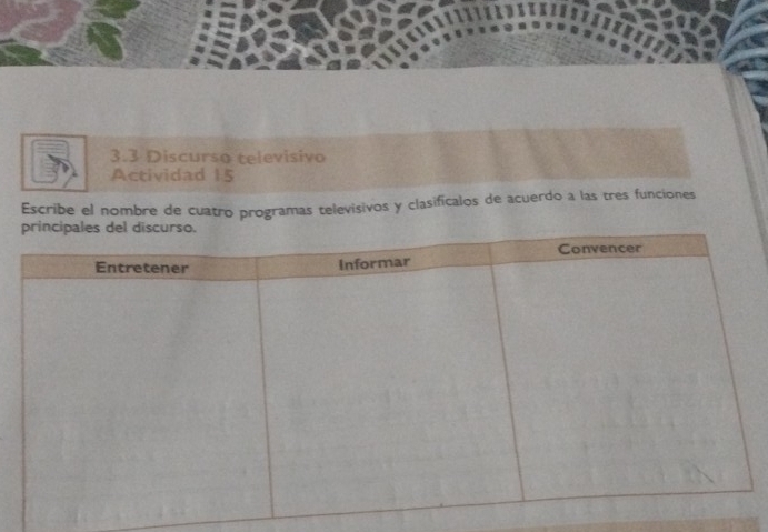 3.3 Discurso televisivo 
Actividad 15 
Escribe el nombre de cuatro programas televisivos y clasificalos de acuerdo a las tres funciones