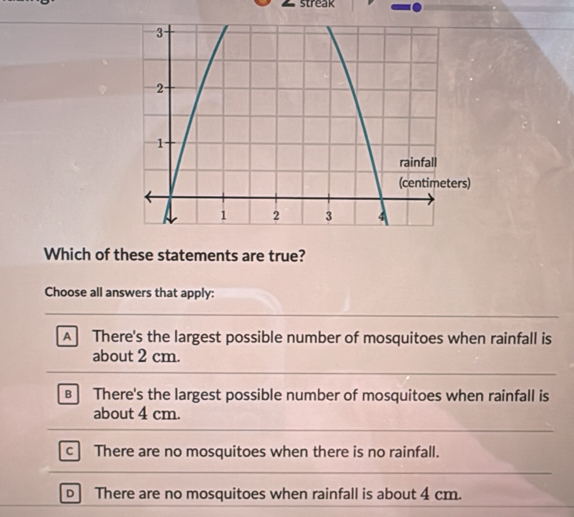 streak
Which of these statements are true?
Choose all answers that apply:
A There's the largest possible number of mosquitoes when rainfall is
about 2 cm.
There's the largest possible number of mosquitoes when rainfall is
about 4 cm.
c There are no mosquitoes when there is no rainfall.
D There are no mosquitoes when rainfall is about 4 cm.