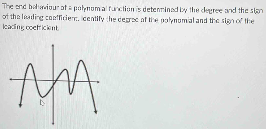 The end behaviour of a polynomial function is determined by the degree and the sign 
of the leading coefficient. Identify the degree of the polynomial and the sign of the 
leading coefficient.