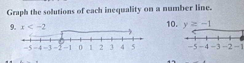 Graph the solutions of each inequality on a number line. 
9. x 10. y≥ -1
-1