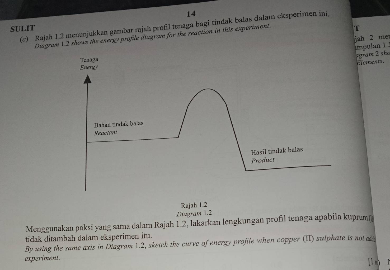 14 
(c) Rajah 1.2 menunjukkan gambar rajah profil tenaga bagi tindak balas dalam eksperimen ini. 
SULIT T 
Diagram 1.2 shows the energy profile diagram for the reaction in this experiment. 
jah 2 mer 
impulan 1 
agram 2 sho 
Tenaga 
Elements. 
Energy 
Bahan tindak balas 
Reactant 
Hasil tindak balas 
Product 
Rajah 1.2 
Diagram 1.2 
Menggunakan paksi yang sama dalam Rajah 1.2, lakarkan lengkungan profil tenaga apabila kuprum( 
tidak ditambah dalam eksperimen itu. 
By using the same axis in Diagram 1.2, sketch the curve of energy profile when copper (II) sulphate is not adde 
experiment. 
[1 m) D