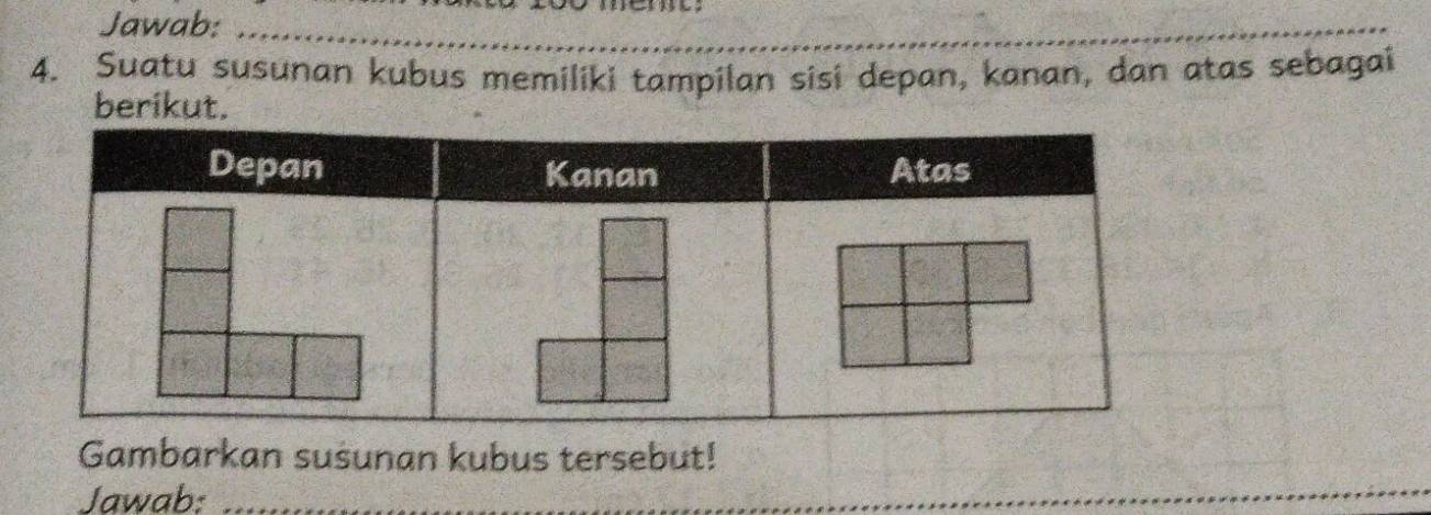 Jawab:_ 
_ 
4. Suatu susunan kubus memiliki tampilan sisi depan, kanan, dan atas sebagai 
berikut. 
Gambarkan susunan kubus tersebut! 
Jawab:_