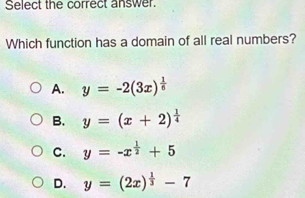 Select the correct answer.
Which function has a domain of all real numbers?
A. y=-2(3x)^ 1/6 
B. y=(x+2)^ 1/4 
C. y=-x^(frac 1)2+5
D. y=(2x)^ 1/3 -7