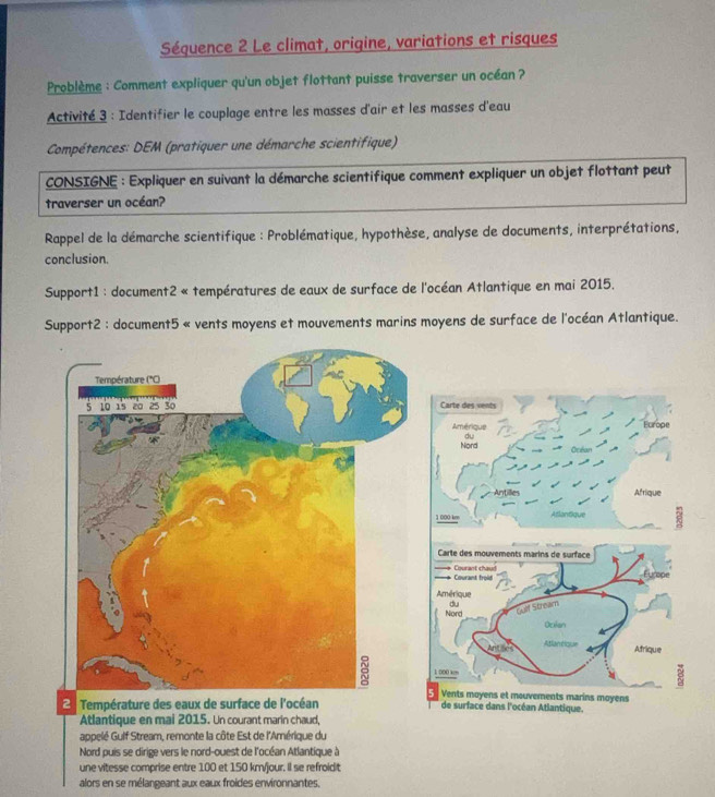 Séquence 2 Le climat, origine, variations et risques 
Problème : Comment expliquer qu'un objet flottant puisse traverser un océan ? 
Activité 3 : Identifier le couplage entre les masses d'air et les masses d'eau 
Compétences: DEM (pratiquer une démarche scientifique) 
CONSIGNE : Expliquer en suivant la démarche scientifique comment expliquer un objet flottant peut 
traverser un océan? 
Rappel de la démarche scientifique : Problématique, hypothèse, analyse de documents, interprétations, 
conclusion. 
Support1 : document2 « températures de eaux de surface de l'océan Atlantique en mai 2015. 
Support2 : document5 « vents moyens et mouvements marins moyens de surface de l'océan Atlantique. 
2 . Température des eaux de surface de l'océan 
Atlantique en mai 2015. Un courant marin chaud, 
appelé Gulf Stream, remonte la côte Est de l'Amérique du 
Nord puis se dirige vers le nord-ouest de l'océan Atlantique à 
une vitesse comprise entre 100 et 150 km/jour. Il se refroidit 
alors en se mélargeant aux eaux froides environnantes,