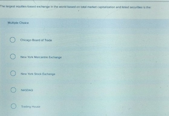 The largest equities-based exchange in the world based on total market capitalization and listed securities is the:
Multiple Choice
Chicago Board of Trade
New York Mercantile Exchange
New York Stock Exchange
NASDAQ
Trading House