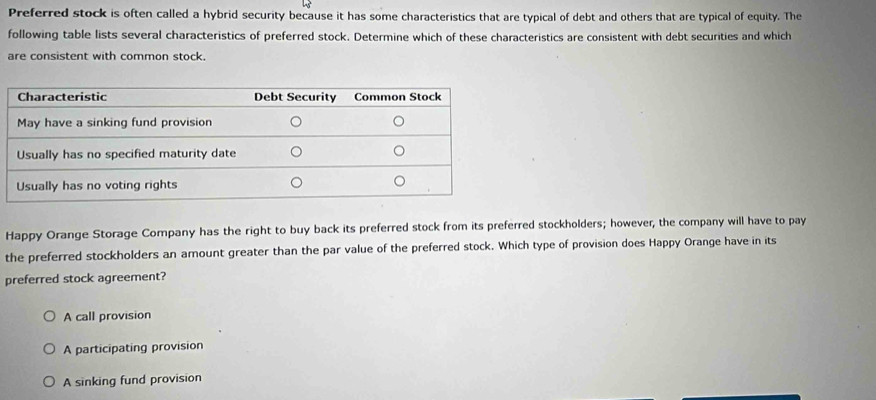 Preferred stock is often called a hybrid security because it has some characteristics that are typical of debt and others that are typical of equity. The
following table lists several characteristics of preferred stock. Determine which of these characteristics are consistent with debt securities and which
are consistent with common stock.
Happy Orange Storage Company has the right to buy back its preferred stock from its preferred stockholders; however, the company will have to pay
the preferred stockholders an amount greater than the par value of the preferred stock. Which type of provision does Happy Orange have in its
preferred stock agreement?
A call provision
A participating provision
A sinking fund provision