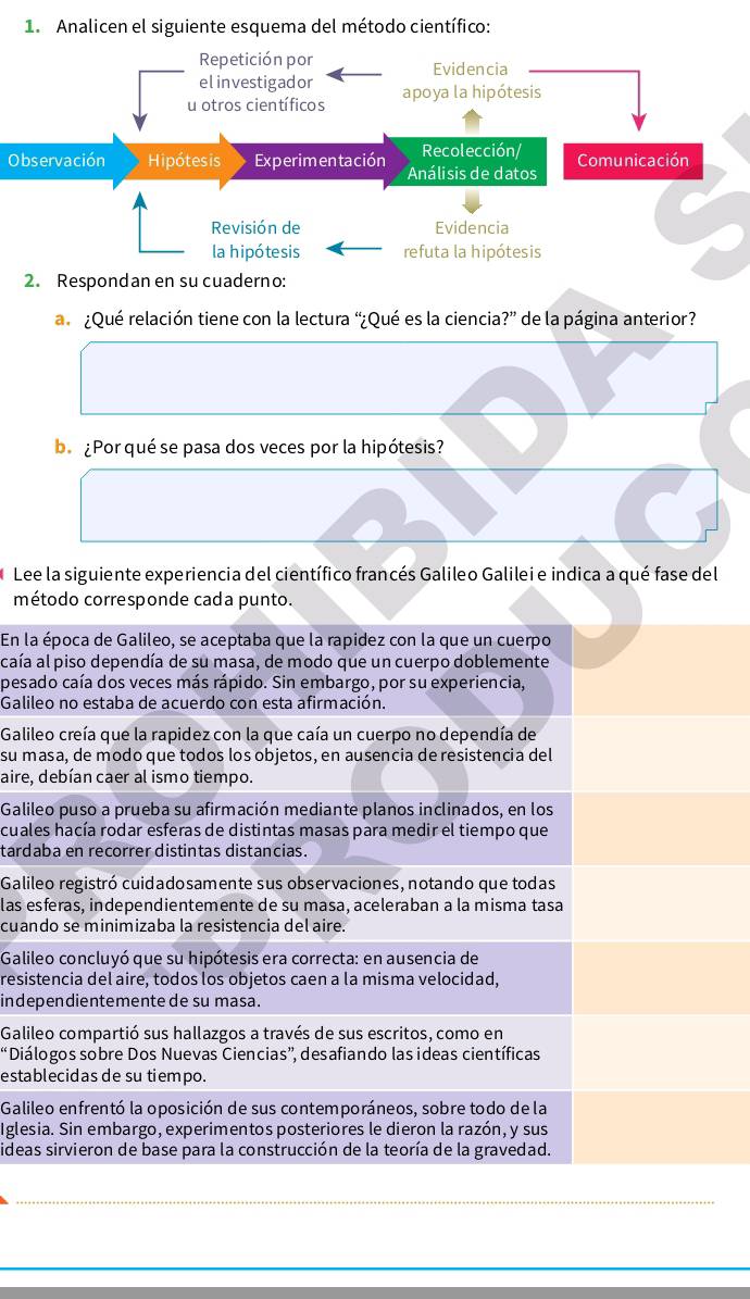 Analicen el siguiente esquema del método científico:
Repetición por Evidencia
elinvestigador
u otros científicos apoya la hipótesis
Recolección/
Observación Hipótesis Experimentación  Análisis de datos Comunicación
Revisión de Evidencia
la hipótesis refuta la hipótesis
2. Respondan en su cuaderno:
a  ¿Qué relación tiene con la lectura “¿Qué es la ciencia?” de la página anterior?
ba ¿Por qué se pasa dos veces por la hipótesis?
Lee la siguiente experiencia del científico francés Galileo Galilei e indica a qué fase del
método corresponde cada punto.
En la época de Galileo, se aceptaba que la rapidez con la que un cuerpo
caía al piso dependía de su masa, de modo que un cuerpo doblemente
pesado caía dos veces más rápido. Sin embargo, por su experiencia,
Galileo no estaba de acuerdo con esta afirmación.
Galileo creía que la rapidez con la que caía un cuerpo no dependía de
su masa, de modo que todos los objetos, en ausencia de resistencia del
aire, debían caer al ismo tiempo.
Galileo puso a prueba su afirmación mediante planos inclinados, en los
cuales hacía rodar esferas de distintas masas para medir el tiempo que
tardaba en recorrer distintas distancias.
Galileo registró cuidadosamente sus observaciones, notando que todas
las esferas, independientemente de su masa, aceleraban a la misma tasa
cuando se minimizaba la resistencia del aire.
Galileo concluyó que su hipótesis era correcta: en ausencia de
resistencia del aire, todos los objetos caen a la misma velocidad,
independientemente de su masa.
Galileo compartió sus hallazgos a través de sus escritos, como en
“Diálogos sobre Dos Nuevas Ciencias”, desafiando las ideas científicas
establecidas de su tiempo.
Galileo enfrentó la oposición de sus contemporáneos, sobre todo de la
Iglesia. Sin embargo, experimentos posteriores le dieron la razón, y sus
sideas sirvieron de base para la construcción de la teoría de la gravedad.
_