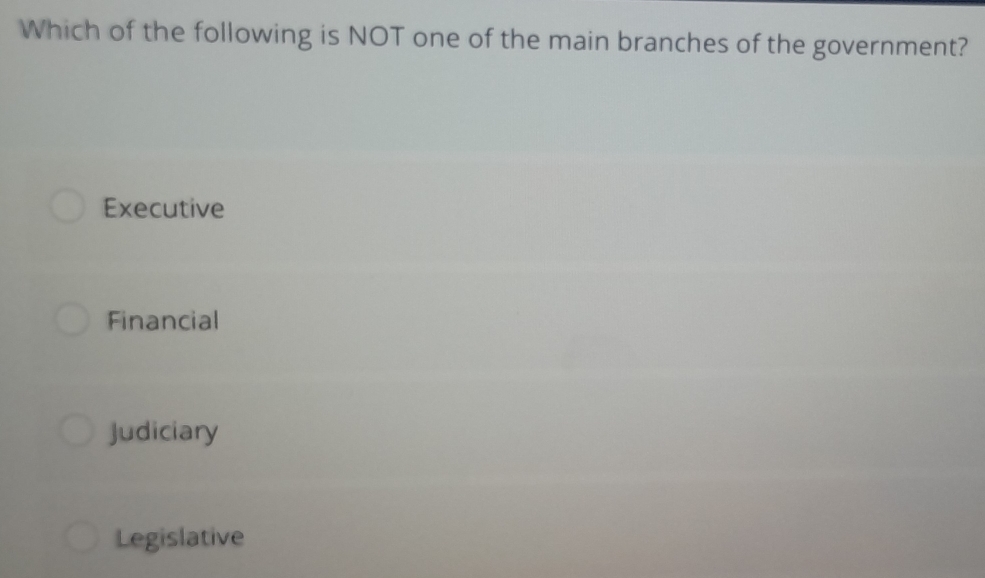 Which of the following is NOT one of the main branches of the government?
Executive
Financial
Judiciary
Legislative