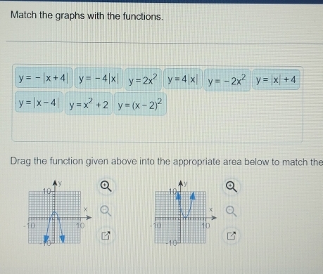 Match the graphs with the functions.
y=-|x+4| y=-4|x| y=2x^2 y=4|x| y=-2x^2 y=|x|+4
y=|x-4| y=x^2+2 y=(x-2)^2
Drag the function given above into the appropriate area below to match the