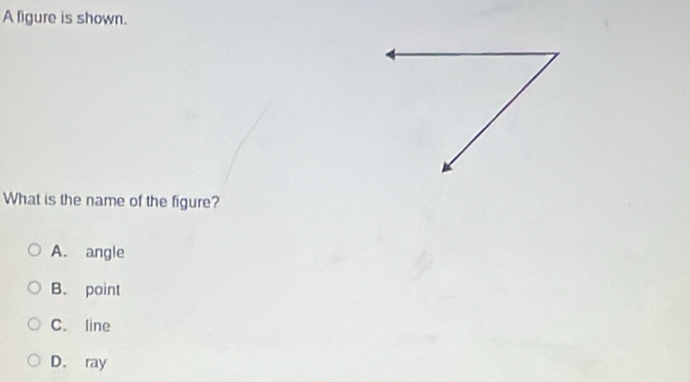 A figure is shown.
What is the name of the figure?
A. angle
B. point
C. line
D. ray