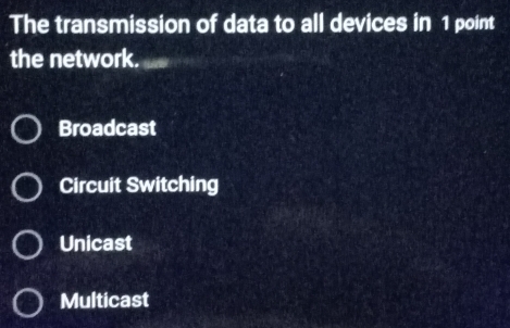 The transmission of data to all devices in 1 point
the network.
Broadcast
Circuit Switching
Unicast
Multicast