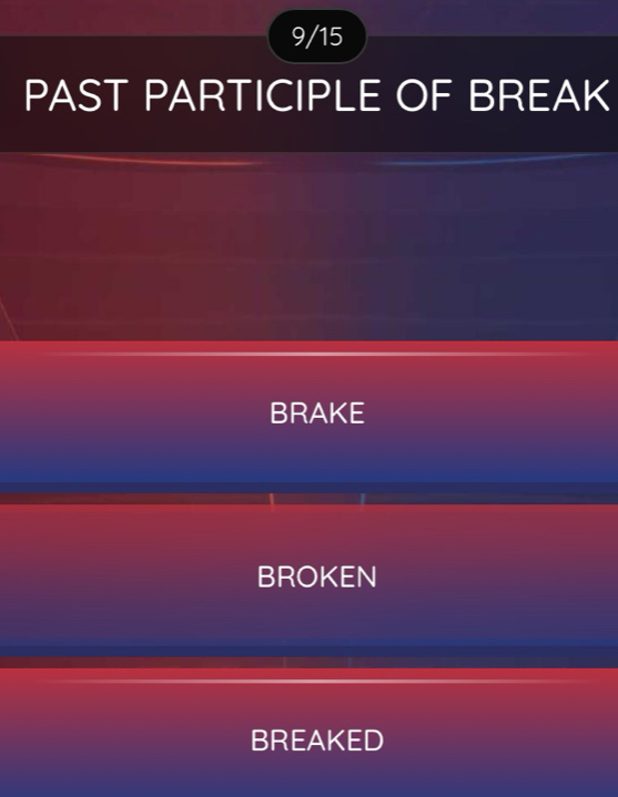 9/15
PAST PARTICIPLE OF BREAK
BRAKE
BROKEN
BREAKED