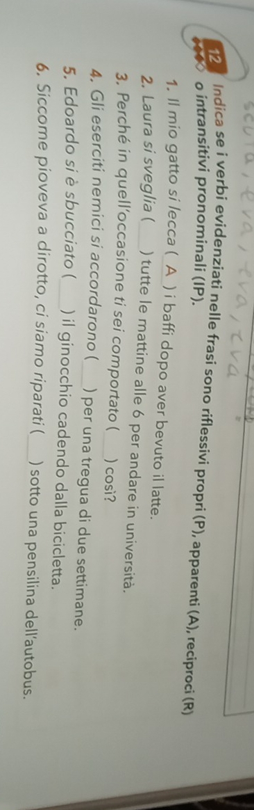 Indica se i verbi evidenziati nelle frasi sono riflessivi propri (P), apparenti (A), reciproci (R) 
o intransitivi pronominali (IP). 
1. Il mio gatto si lecca (_A_) i baffi dopo aver bevuto il latte. 
2. Laura si sveglia ( ) tutte le mattine alle 6 per andare in università. 
3. Perché in quell’occasione ti sei comportato (_ )così? 
4. Gli eserciti nemici si accordarono (_ )per una tregua di due settimane. 
5. Edoardo si è sbucciato ( ) il ginocchio cadendo dalla bicicletta. 
6. Siccome pioveva a dirotto, ci siamo riparati ( _) sotto una pensilina dell'autobus.