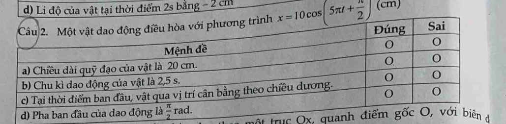 Li độ của vật tại thời điểm 2s bằng - 2 cm
x=10cos (5π t+ π /2 )(cm)
ật trục Ox.