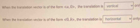 When the translation vector is of the form , 0> ,the translation is vertical onl
When the translation vector is of the form <0</tex>, b> , the translation is horizontal only