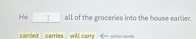 He □ all of the groceries into the house earlier. 
carried carries will carry action words