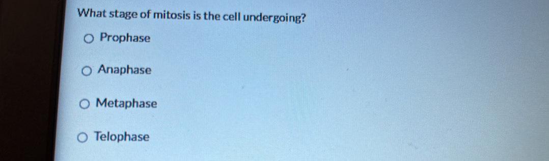 What stage of mitosis is the cell undergoing?
Prophase
Anaphase
Metaphase
Telophase