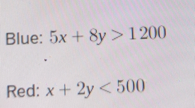 Blue: 5x+8y>1200
Red: x+2y<500</tex>