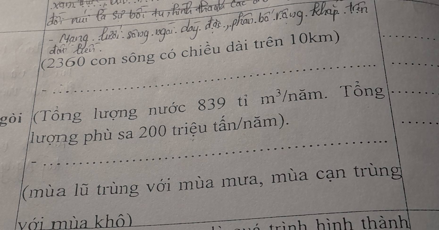 (2360 con sông có chiều dài trên 10km) 
(gòi (Tổng lượng nước 839 tỉ m³/năm. Tổng 
lượng phù sa 200 triệu tấn/năm). 
(mùa lũ trùng với mùa mưa, mùa cạn trùng 
với mùa khô) 
trình hình thành