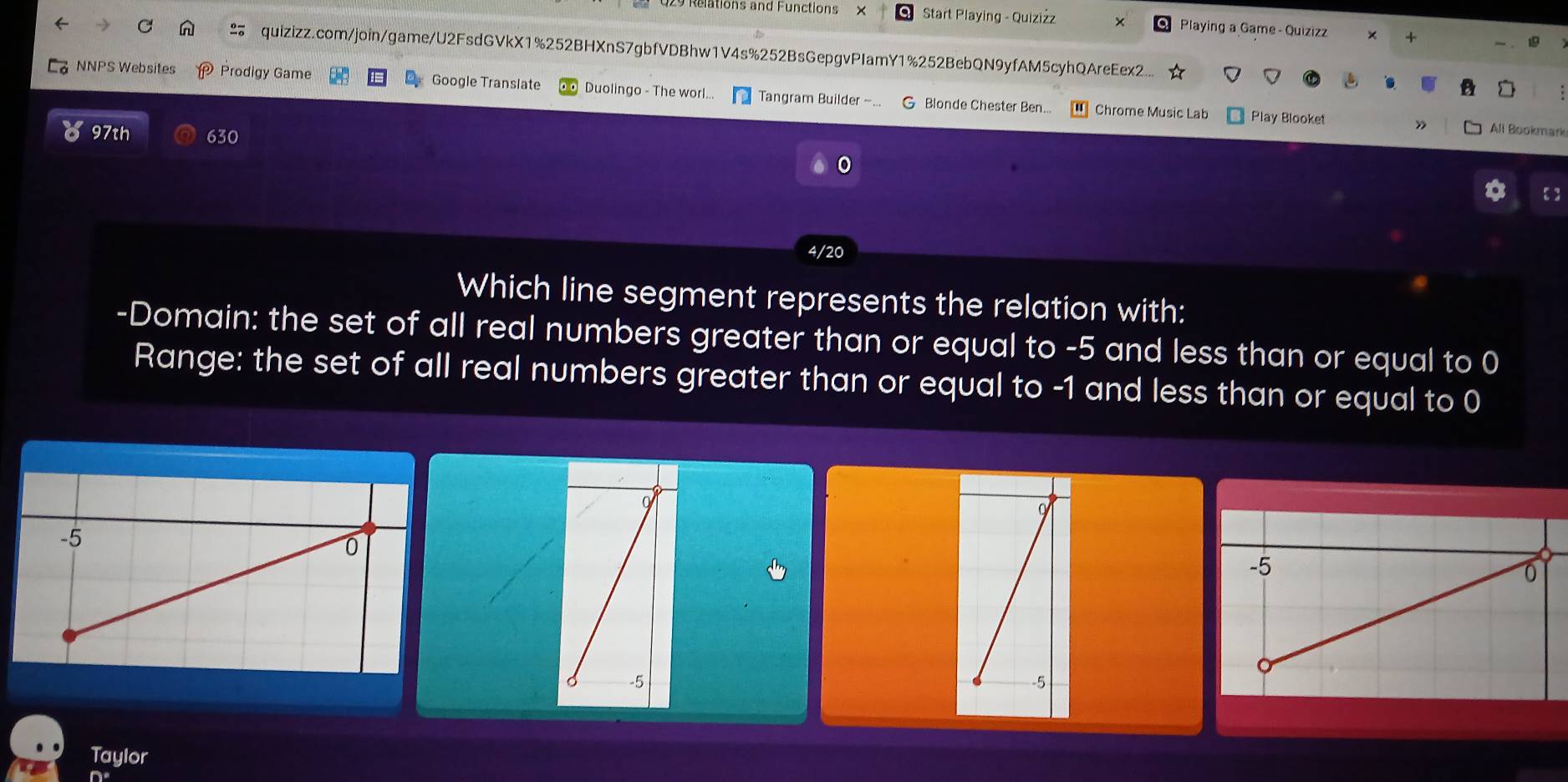 Relations and Functions × Start Playing - Quiziżz x Playing a Game - Quizizz × + 
- 
quizizz.com/join/game/U2FsdGVkX1%252BHXnS7gbfVDBhw1V4s%252BsGepgvPIamY1%252BebQN9yfAM5cyhQAreEex2... D 
NNPS Websites Prodigy Game Google Translate Duolingo - The worl.. Tangram Builder - G Blonde Chester Ben... 
Chrome Music Lab Play Blooket » Ali Bookmark 
97th 630 
【 】 
4/20 
Which line segment represents the relation with: 
-Domain: the set of all real numbers greater than or equal to -5 and less than or equal to 0
Range: the set of all real numbers greater than or equal to -1 and less than or equal to 0
-5
Taylor