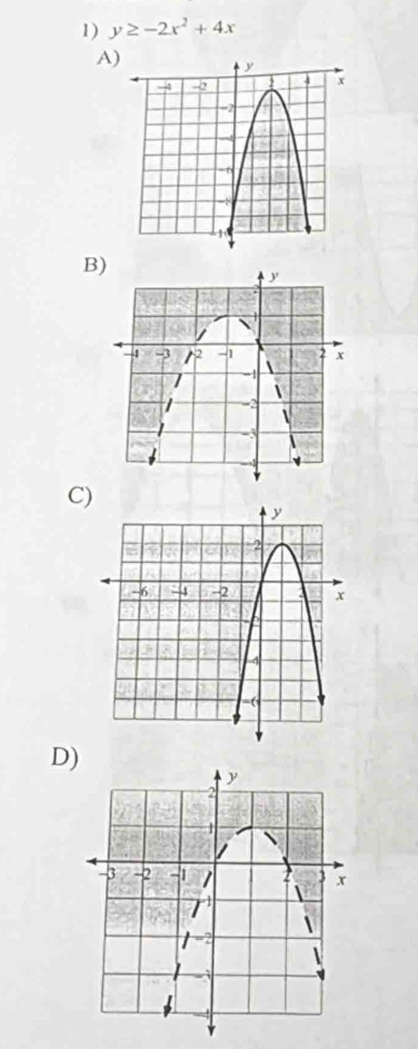 y≥ -2x^2+4x
A
B
C)
D)