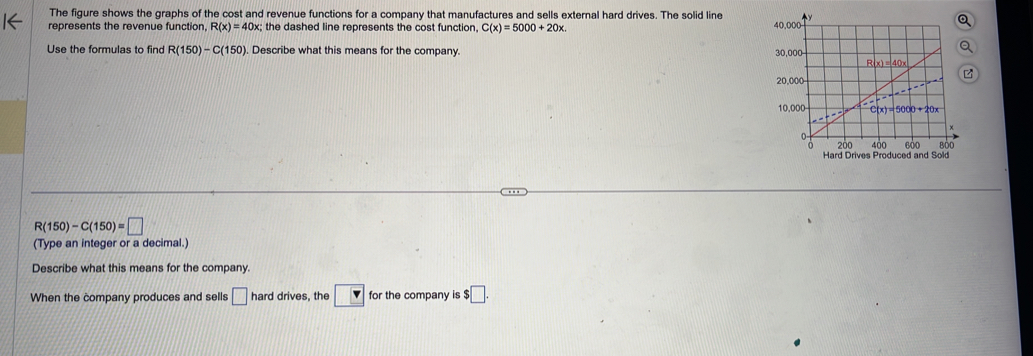 The figure shows the graphs of the cost and revenue functions for a company that manufactures and sells external hard drives. The solid line
represents the revenue function, R(x)=40x; the dashed line represents the cost function. C(x)=5000+20x.
Use the formulas to find R(150)-C(150 ). Describe what this means for the company.
z
R(150)-C(150)=□
(Type an integer or a decimal.)
Describe what this means for the company.
When the company produces and sells □ hard drives, the for the company is $□ .