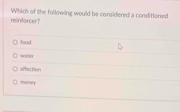 Which of the following would be considered a conditioned
reinforcer?
food
water
affection
money