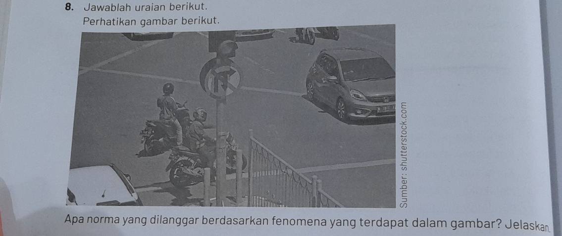 Jawablah uraian berikut. 
Perhatikan gambar berikut. 
Apa norma yang dilanggar berdasarkan fenomena yang terdapat dalam gambar? Jelaskan.