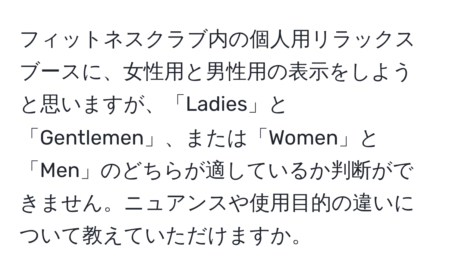 フィットネスクラブ内の個人用リラックスブースに、女性用と男性用の表示をしようと思いますが、「Ladies」と「Gentlemen」、または「Women」と「Men」のどちらが適しているか判断ができません。ニュアンスや使用目的の違いについて教えていただけますか。