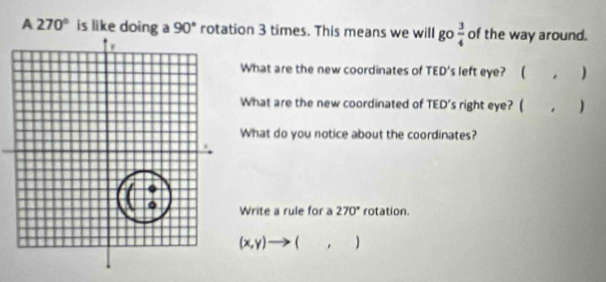 A 270° is like doing a 90° rotation 3 times. This means we will go  3/4  of the way around. 
What are the new coordinates of TED's left eye? ( , ) 
What are the new coordinated of TED's right eye? ( , ) 
What do you notice about the coordinates? 
Write a rule for a 270° rotation.
(x,y)to (,)