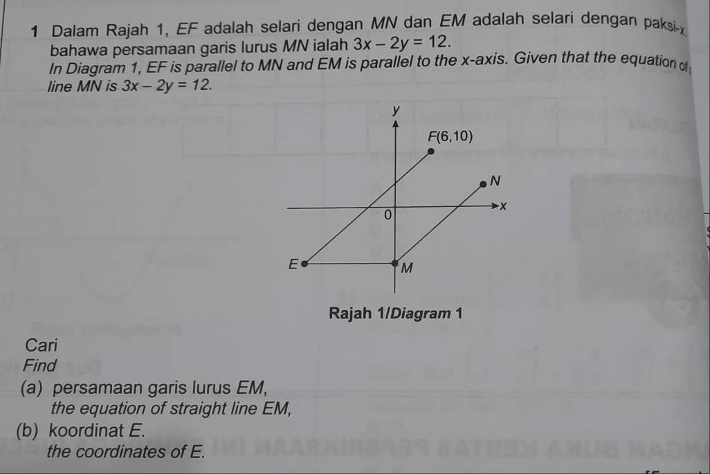 Dalam Rajah 1, EF adalah selari dengan MN dan EM adalah selari dengan paksi-
bahawa persamaan garis lurus MN ialah 3x-2y=12.
In Diagram 1, EF is parallel to MN and EM is parallel to the x-axis. Given that the equation of
line MN is 3x-2y=12.
Rajah 1/Diagram 1
Cari
Find
(a) persamaan garis lurus EM,
the equation of straight line EM,
(b) koordinat E.
the coordinates of E.