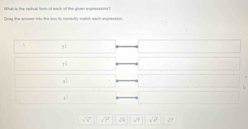 What is the radical form of each of the given expressions?
Drag the answer into the box to correctly match each expression.
7^(frac 3)4
7^(frac 1)2
4^(frac 3)2
D
4^(frac 3)2
sqrt(4^7) sqrt(7^2) sqrt[3](4) sqrt(7) sqrt(4^2) sqrt(7)