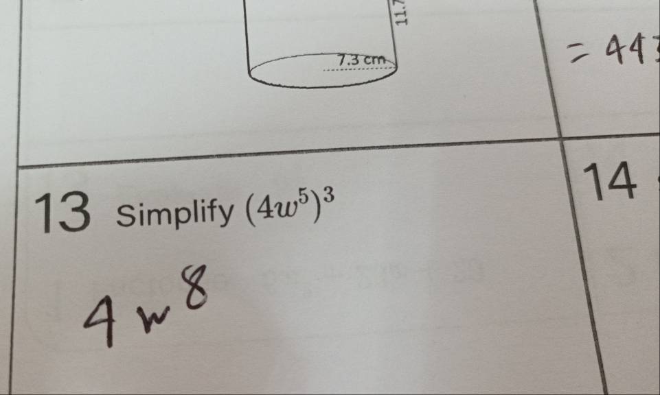 simplify (4w^5)^3
14