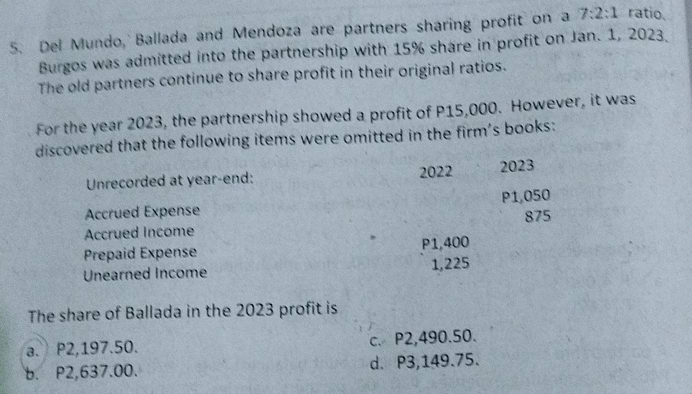 Del Mundo, Ballada and Mendoza are partners sharing profit on a 7:2:1 ratio.
Burgos was admitted into the partnership with 15% share in profit on Jan. 1, 2023.
The old partners continue to share profit in their original ratios.
For the year 2023, the partnership showed a profit of P15,000. However, it was
discovered that the following items were omitted in the firm's books:
Unrecorded at year-end: 2022 2023
Acrued Expense P1,050
Accrued Income 875
Prepaid Expense P1,400
Unearned Income 1,225
The share of Ballada in the 2023 profit is
a. P2,197.50. c. P2,490.50.
b. P2,637.00. d. P3,149.75.