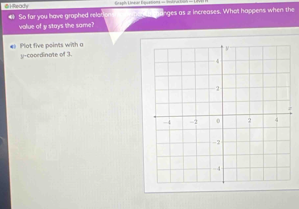 i-Ready Graph Linear Equations — Instruction — Level H 
So far you have graphed relations wherg hanges as x increases. What happens when the 
value of y stays the same? 
0 Plot five points with a 
y-coordinate of 3.