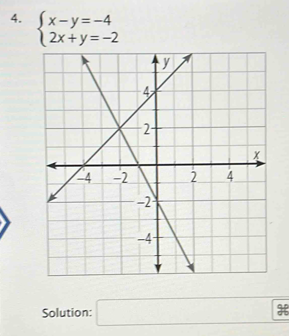 beginarrayl x-y=-4 2x+y=-2endarray.
Solution: □ 9