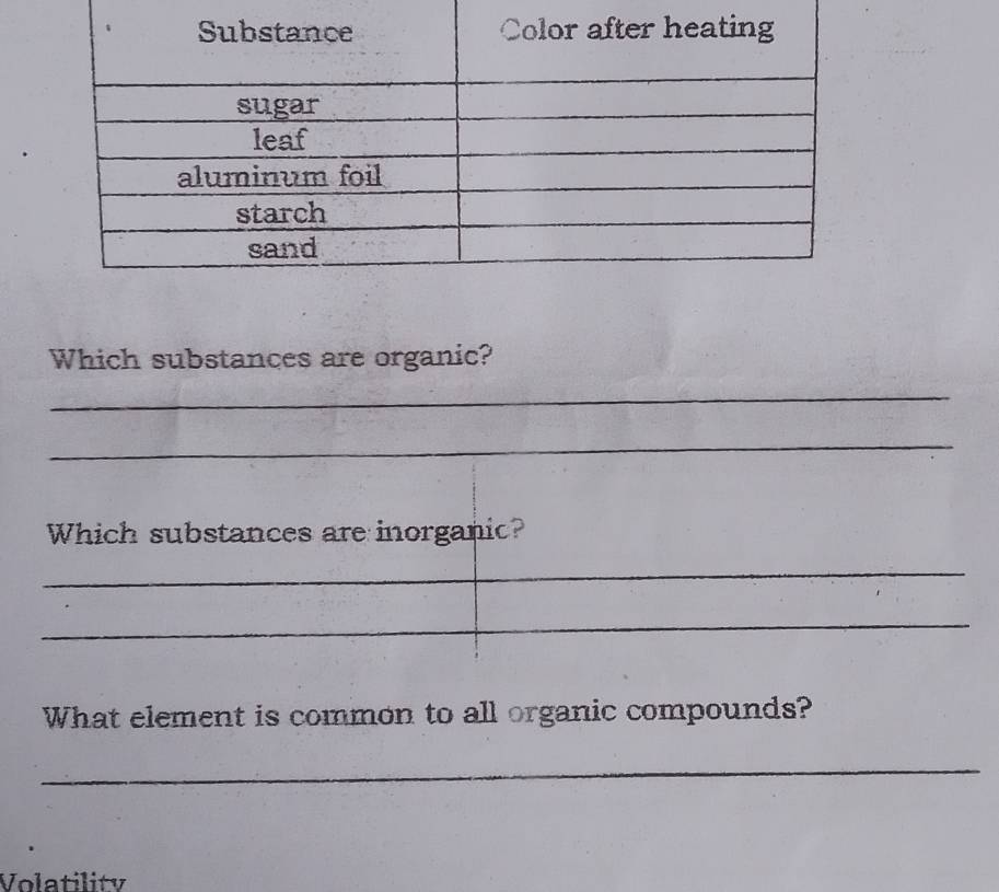 Which substances are organic? 
_ 
_ 
Which substances are inorganic? 
_ 
_ 
What element is common to all organic compounds? 
_ 
Volatility