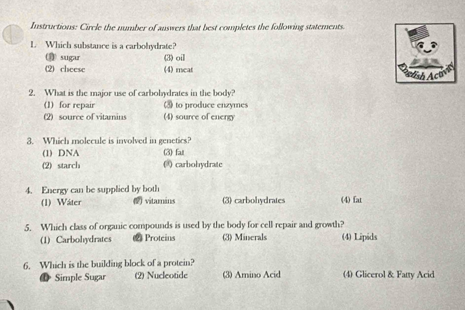 Instructions: Circle the number of answers that best completes the following statements.
L Which substance is a carbohydrate?
(1 sugar (3) oil
(2) cheese (4) mcat
2. What is the major use of carbohydrates in the body?
(1) for repair 3) to produce enzymes
(2) source of vitamins (4) source of energy
3. Which molecule is involved in genetics?
(1) DNA (3) fat
(2) starch () carbohydrate
4. Energy can be supplied by both
(1) Wáter (2) vitamins (3) carbohydrates (4) fat
5. Which class of organic compounds is used by the body for cell repair and growth?
(1) Carbohydrates (2) Proteins (3) Minerals (4) Lipids
6. Which is the building block of a protein?
D Simple Sugar (2) Nucleotide (3) Amino Acid (4) Glicerol & Fatty Acid