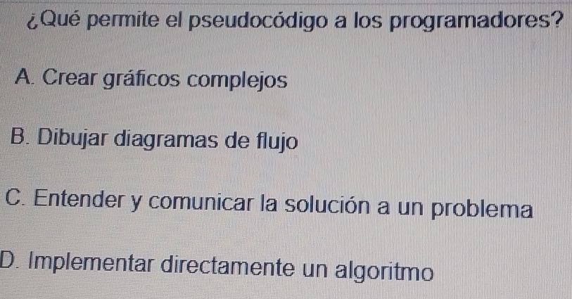 ¿Qué permite el pseudocódigo a los programadores?
A. Crear gráficos complejos
B. Dibujar diagramas de flujo
C. Entender y comunicar la solución a un problema
D. Implementar directamente un algoritmo