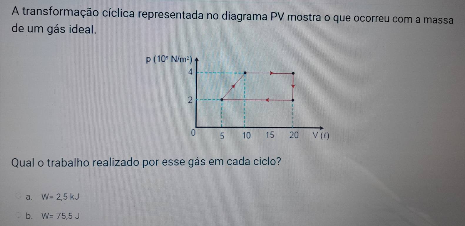 A transformação cíclica representada no diagrama PV mostra o que ocorreu com a massa
de um gás ideal.
p(10^5N/m^2)
Qual o trabalho realizado por esse gás em cada ciclo?
a. W=2,5kJ
b. W=75,5J