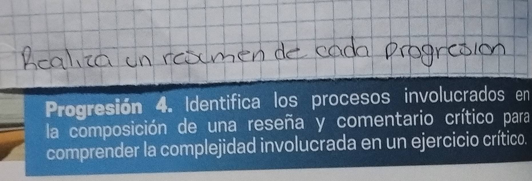 Progresión 4. Identifica los procesos involucrados en 
la composición de una reseña y comentario crítico para 
comprender la complejidad involucrada en un ejercicio crítico.