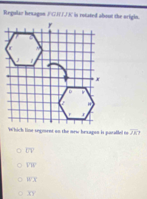 Regular hexagon FGHIJK is rotated about the origin.
Which line segment on the new hexagon is parallel to overline JK
overline UV
overline VW
overline WX
overline XY